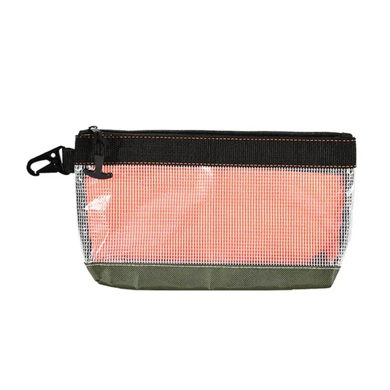 Transparent PVC waterproof organizer pouch by Simples Market with orange interior and olive base, carabiner clip.