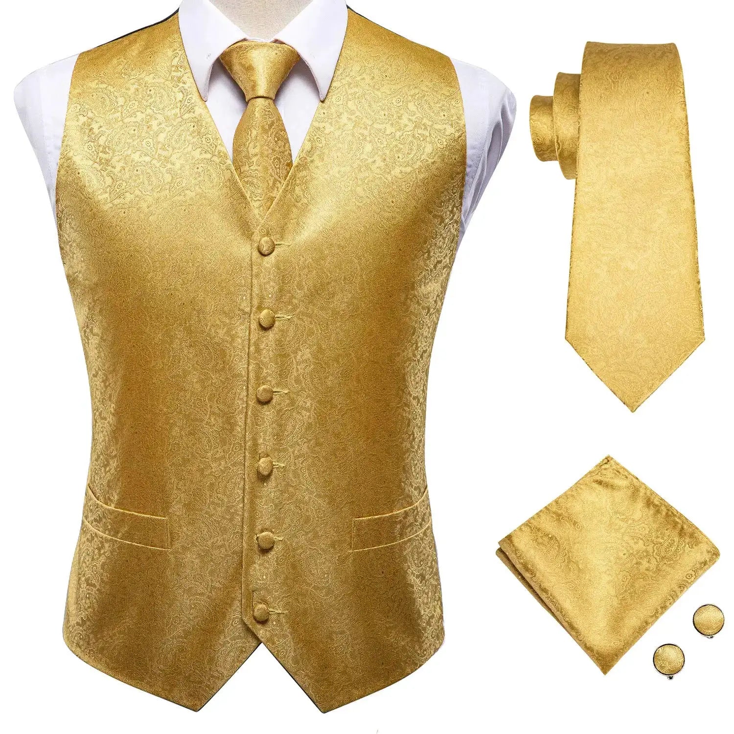 Men's gold paisley waistcoat set with tie, pocket squares, and cufflinks