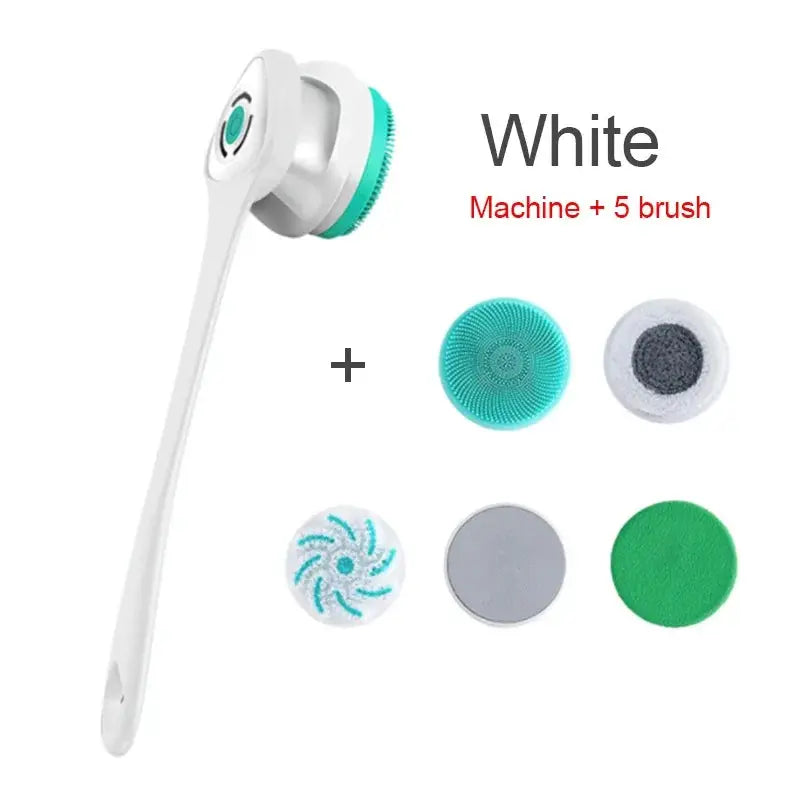 5-in-1 electric shower cleaning brush set by Simples Market with long white handle and five detachable heads
