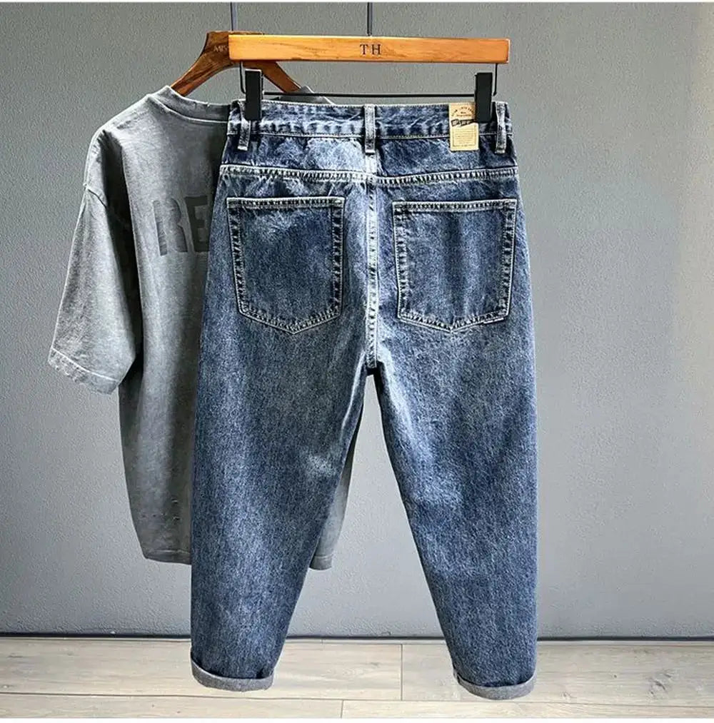 Korean vintage loose tapered jeans by Simples Market, blue denim streetwear trousers with back pockets