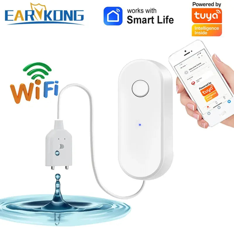 Simples Market WiFi smart water leak sensor, white vertical detector with blue LED, Tuya-powered Smart Life app