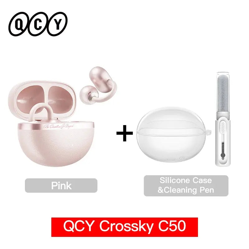 QCY Crossky C50 open-ear wireless earbuds in pink with silicone case and cleaning pen