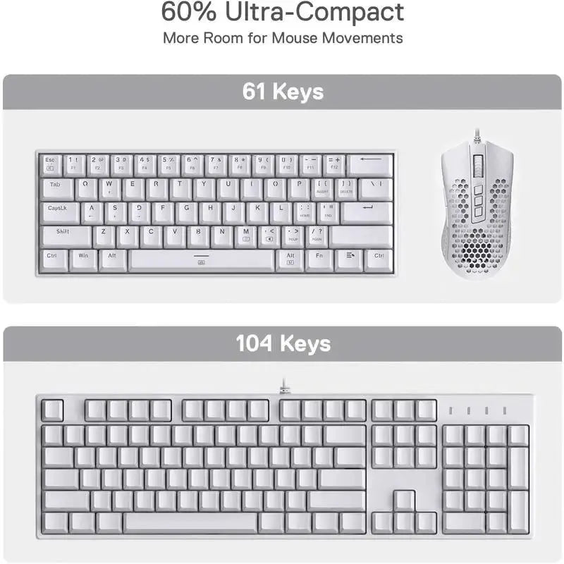 Redragon K630 Dragonborn 61-key compact wired mechanical keyboard and a 104-key full-size white keyboard.