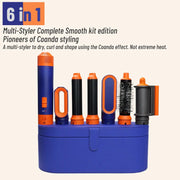 6-in-1 hair styler set with multiple blue and orange attachments