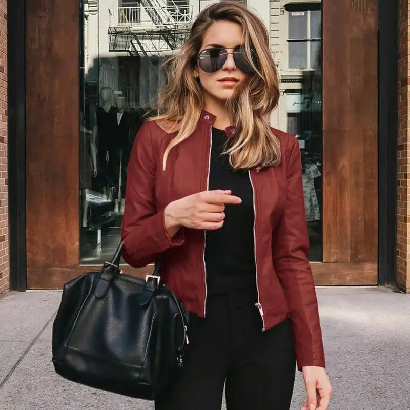 UrbanEdge Women PU Leather Bike Coat With Stand Collar And Zipper Closure For Autumn Winter Warm Lightweight Outerwear