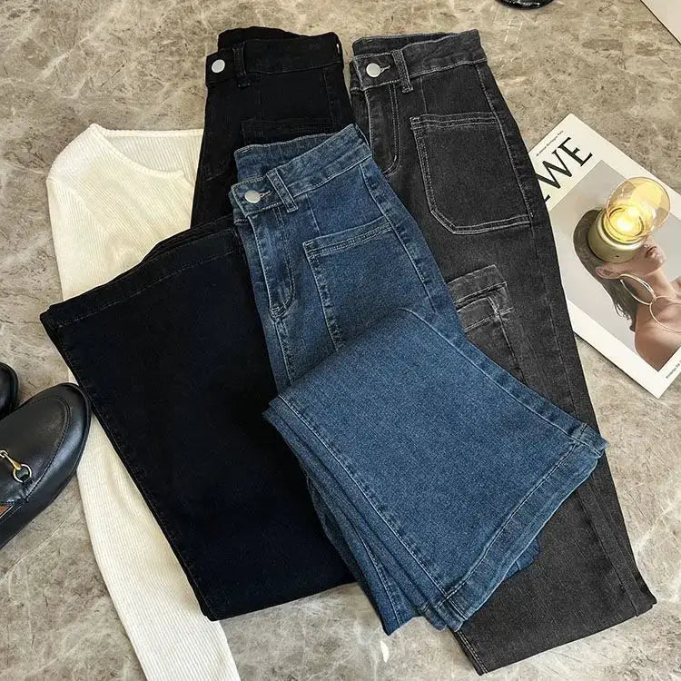 High Waist Loose Jeans Pockets Vintage Washed Denim Flare Trousers