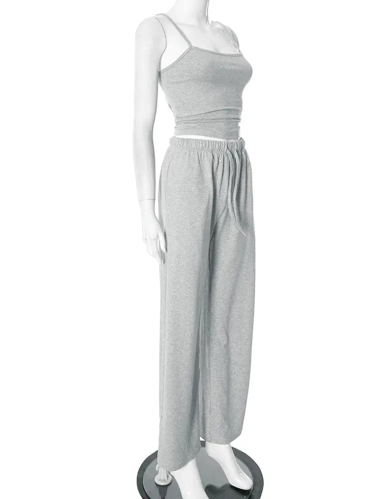 Kliou Women Two Piece Set U Neck Backless Camisole Top Pants