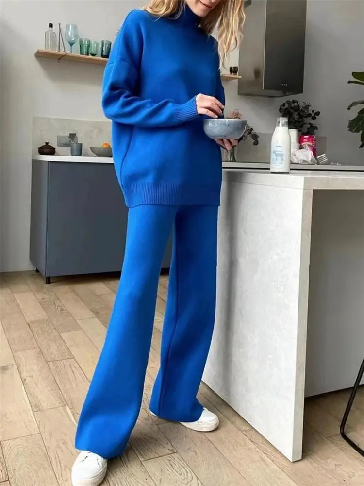 CozyNest Autumn Winter Two Piece Knitted Tracksuit Set With Turtleneck Sweater And Wide Leg Joggers For Women