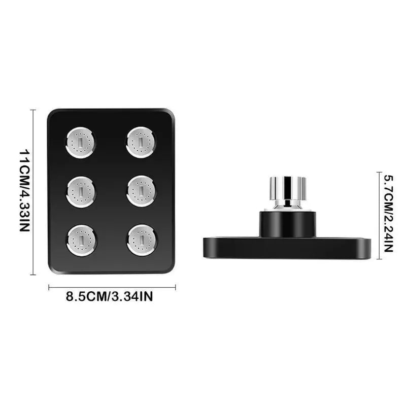 Simples Market 360° mini-surround shower head black square panel with six silver nozzles and separate chrome connector