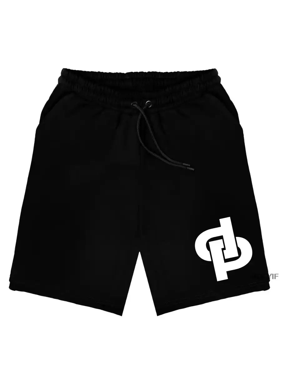 Black cotton shorts with drawstring and white logo on leg; unisex summer casual beachwear by Simples Market