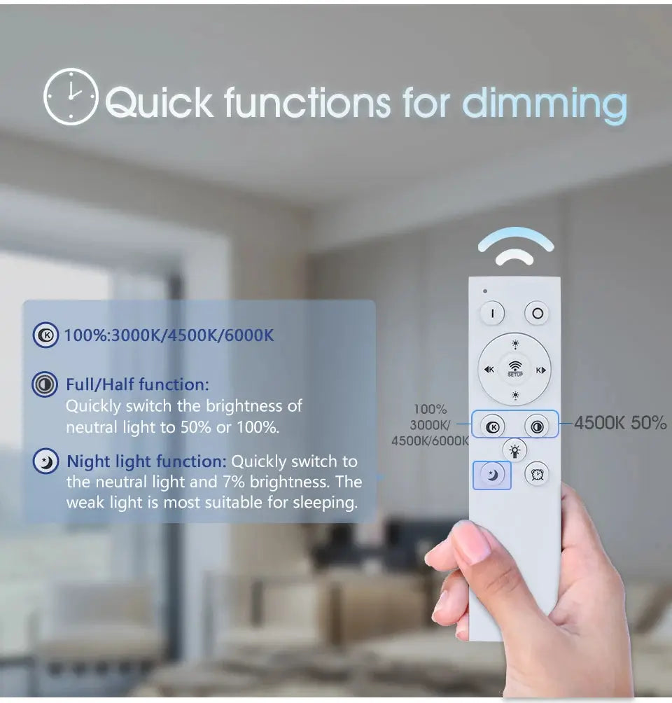 MARPOU smart ceiling lamp by Simples Market with remote; adjustable 3000K/4500K/6000K, full/half brightness, night-light.