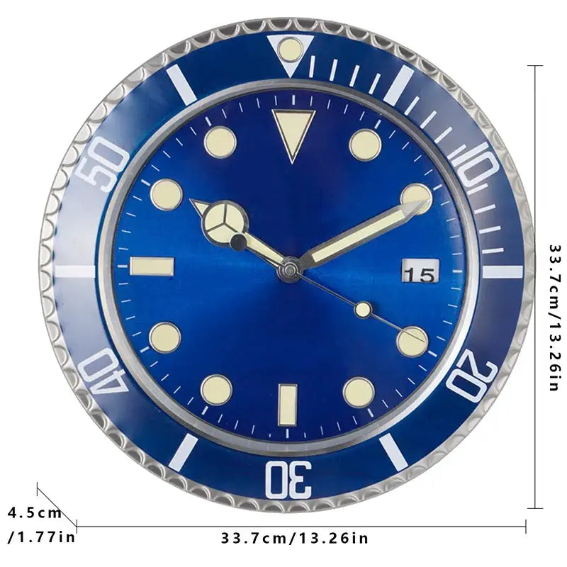 Wall clock with blue dial, metal bezel, luminous markers and date display, 34cm