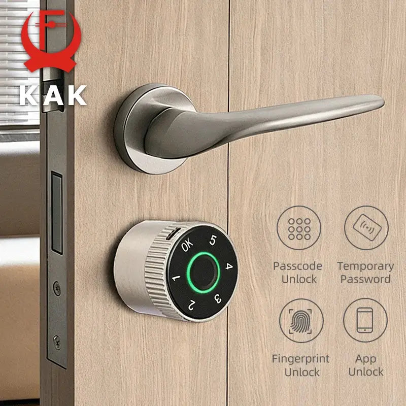 KAK smart door lock with fingerprint cylinder and lever handle on wooden door; stainless steel finish