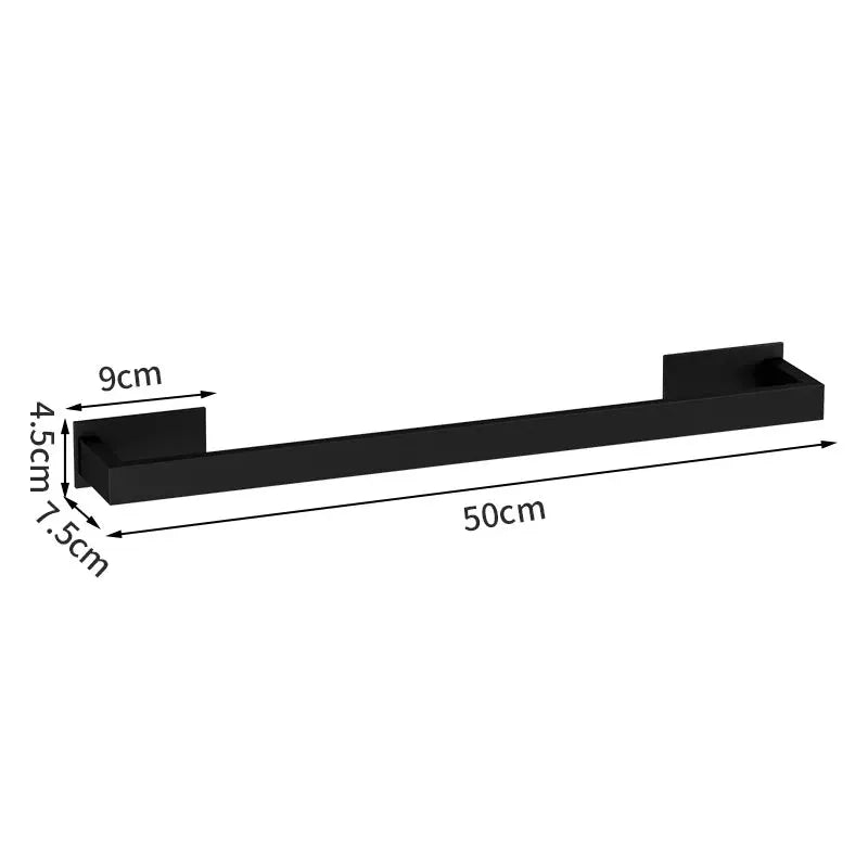 Black bathroom towel bar; self-adhesive mounting, 50cm long with sturdy end brackets for nail-free installation