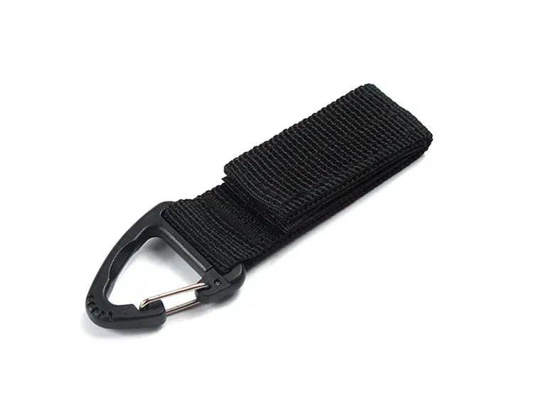 Black nylon strap with metal carabiner clip for outdoor gear and hanging applications