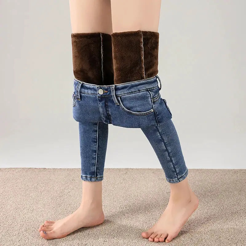 Women Thermal Jeans Fleece Lined Warm Stretch Slim Fit Pants Korean