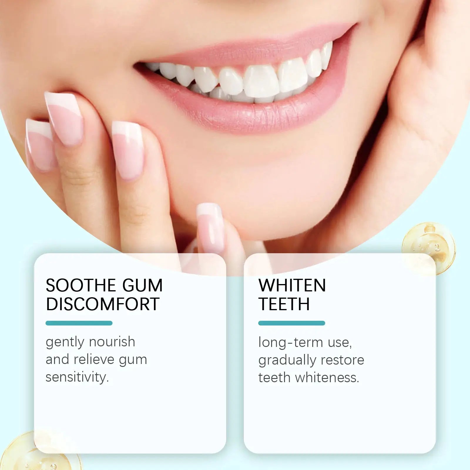 Simples Market Niacinamide Intensive Whitening Toothpaste; smiling woman with bright white teeth.