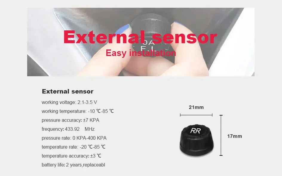 TPMS tire pressure and temperature external sensor kit; black cap with RR, 21mm by 17mm