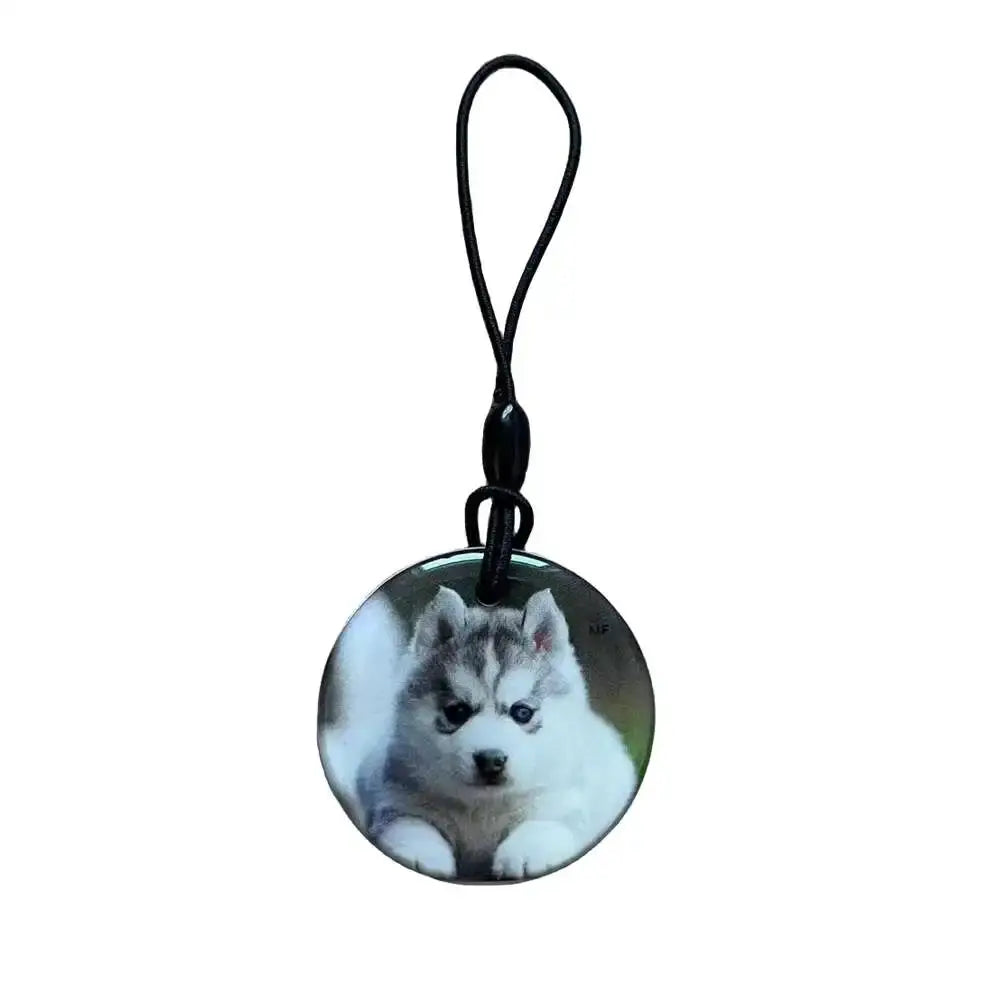Round RFID key fob with husky puppy image and black lanyard; waterproof 13.56MHz UID NFC access tag
