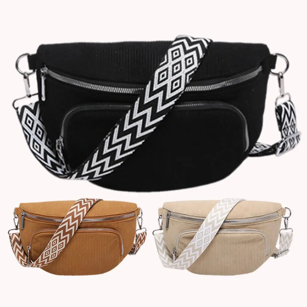Corduroy chest bag fanny pack by Simples Market with guitar-strap; waist bag in three colors: black, brown, beige.