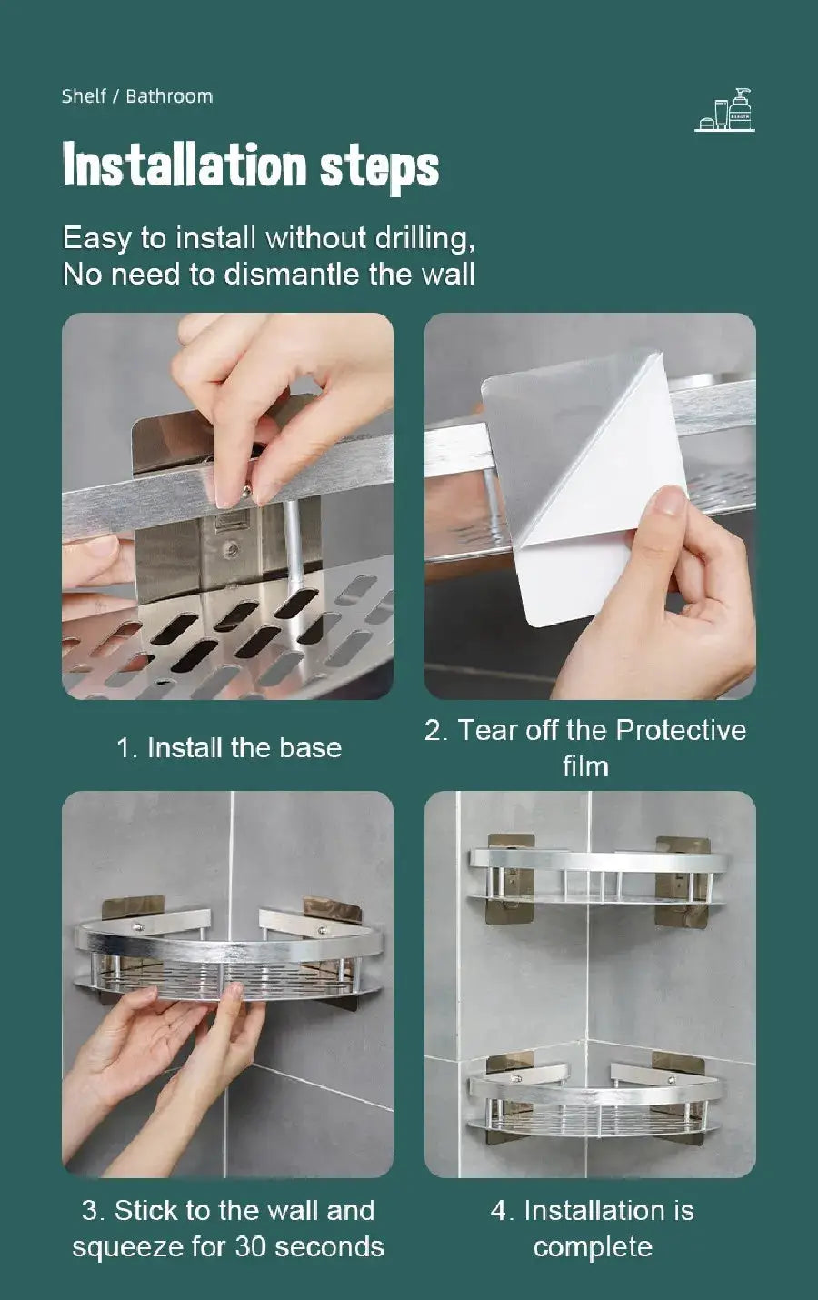 Bathroom shelf by Simples Market, aluminum wall-mounted corner caddy for shower and kitchen storage with no-drill installation steps