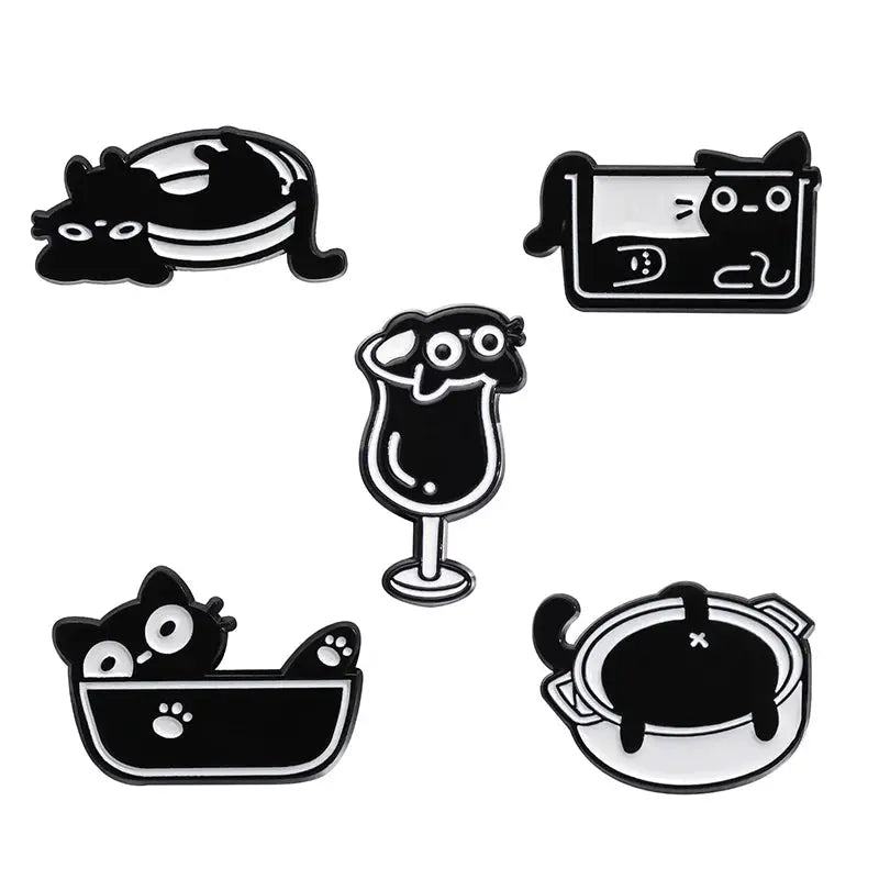 Cat Enamel Pins Set 4 To 6 Pieces Cute Black Fluid Cat Brooches Lapel Pins Jewelry Gift For Friends
