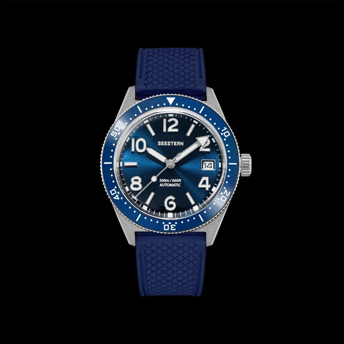 SEESTERN diver watch for men, blue dial and bezel, metal case, rubber strap, date at 3, automatic, 200m water resistant.