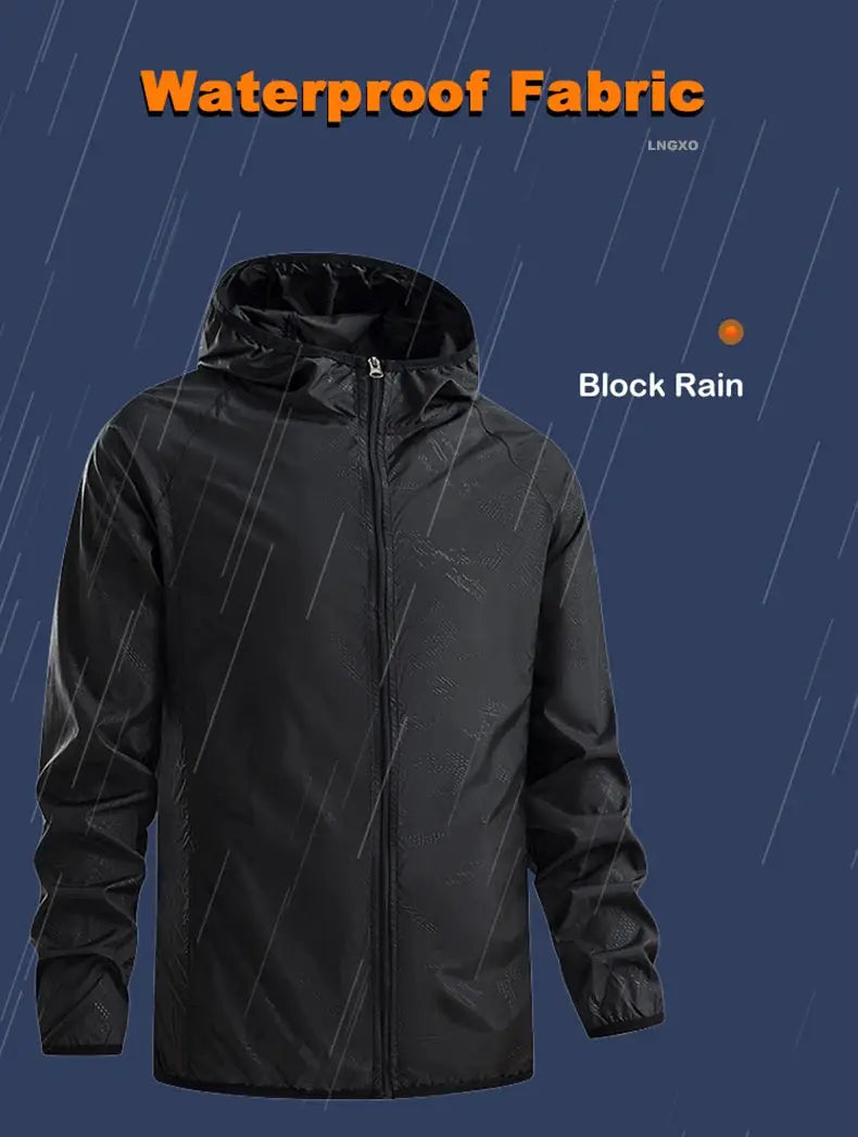 LNGXO waterproof hiking jacket, black unisex windbreaker with hood for outdoor rain protection