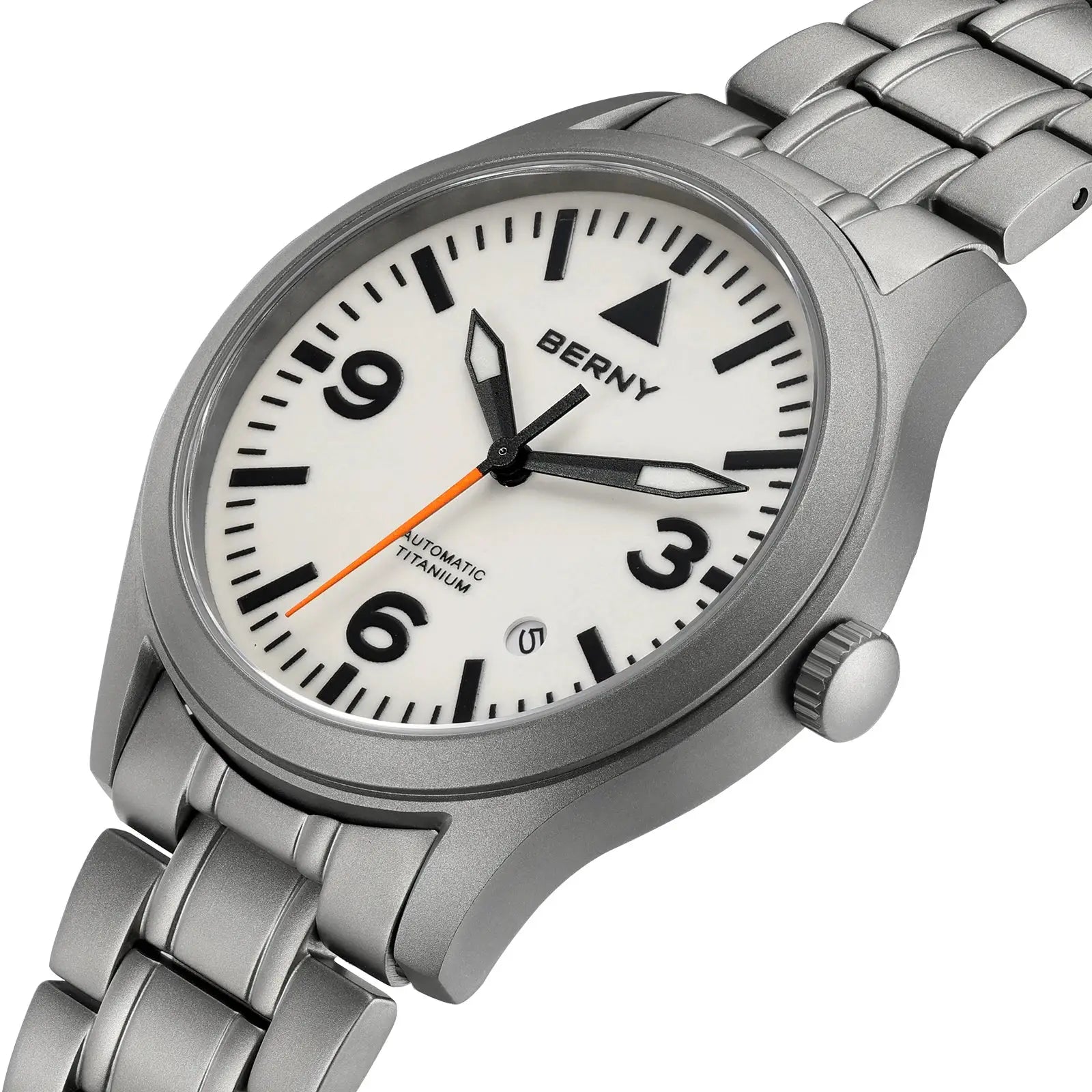 BERNY aviation titanium watch for men with white dial, bold black numerals, orange seconds hand, and titanium bracelet.