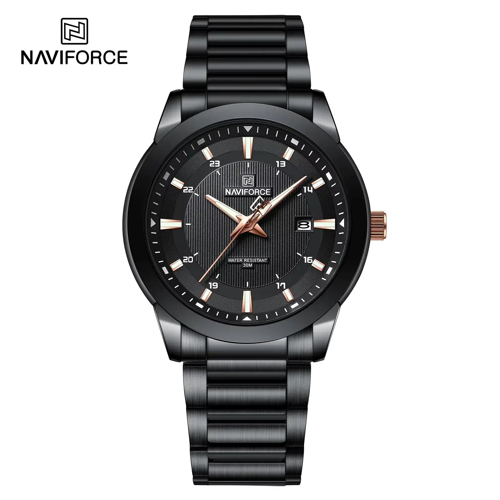 NAVIFORCE men’s wristwatch with black stainless steel band, black dial, rose-gold hands and markers, date window