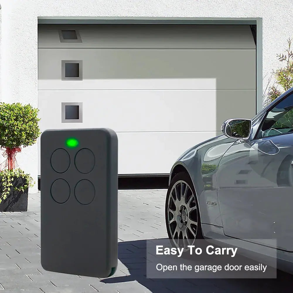 Simples Market multi-frequency garage door remote control duplicator with gray case and four-button panel, green LED