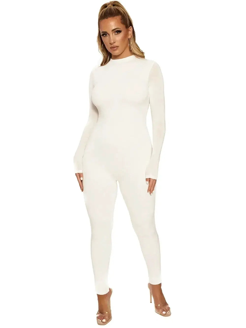 Simples Market white long-sleeve jumpsuit for women; fitted, full-body romper.