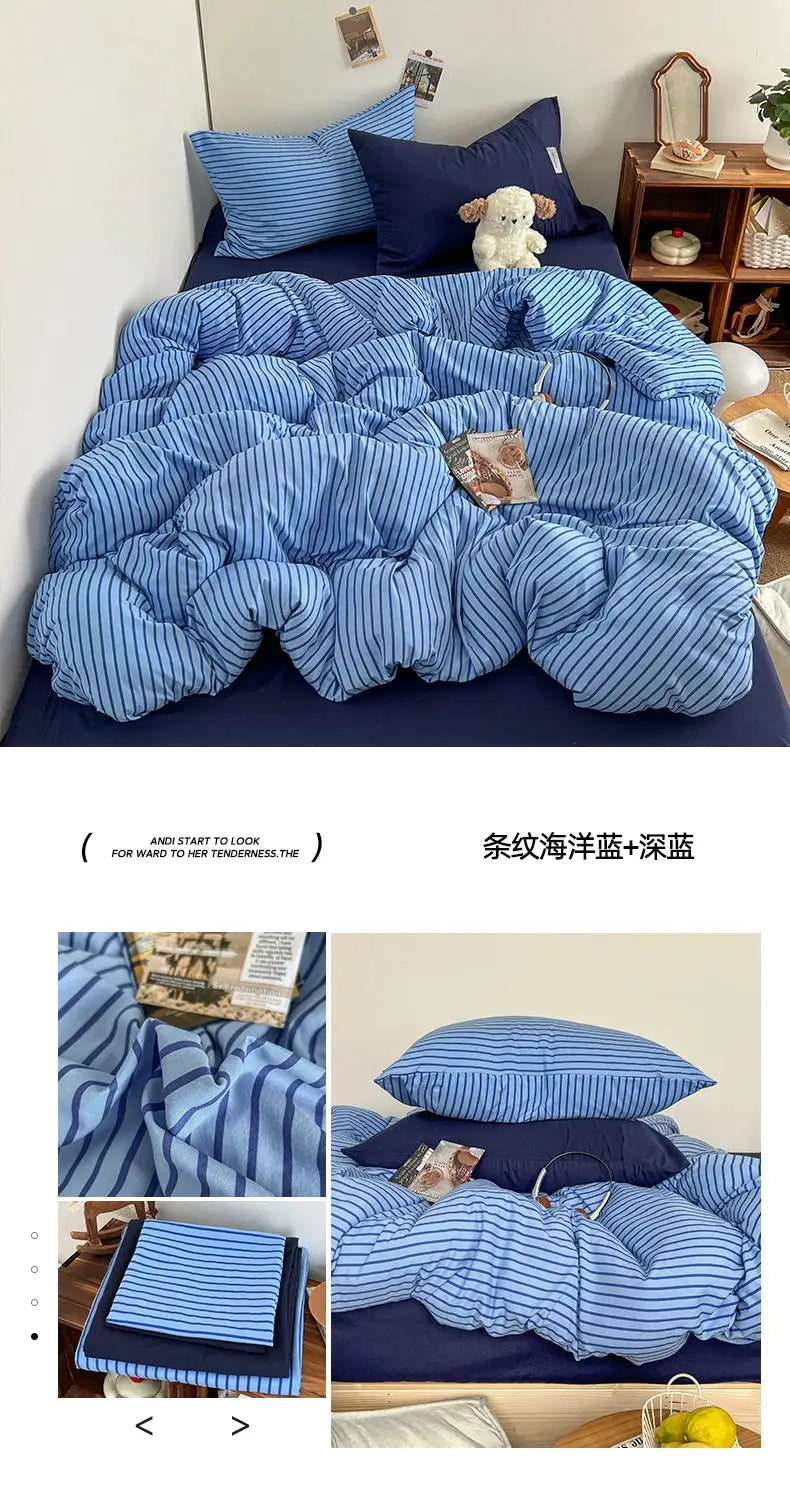 Bedding set blue striped duvet cover with pillowcases and bedsheet