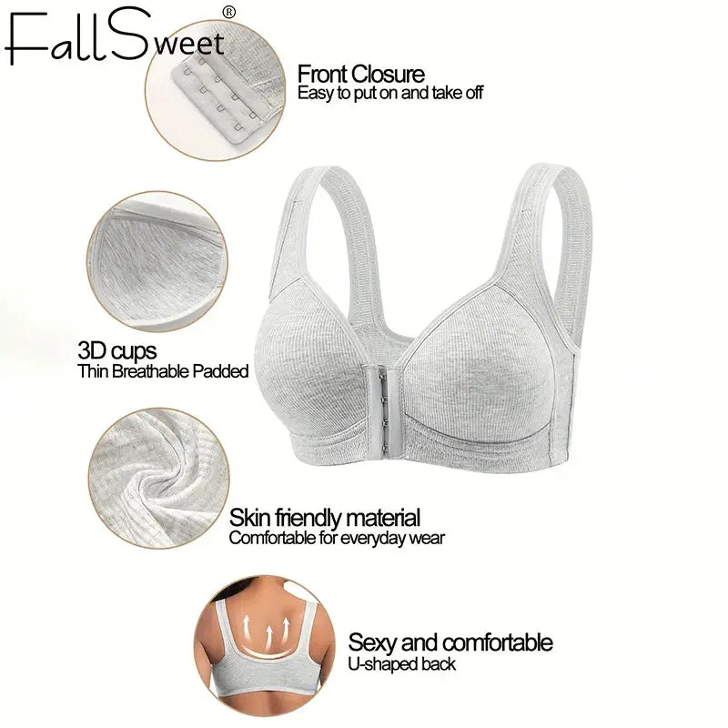 FallsSweet seamless front-closure bra for women, gray, 3D padded cups, skin-friendly material.