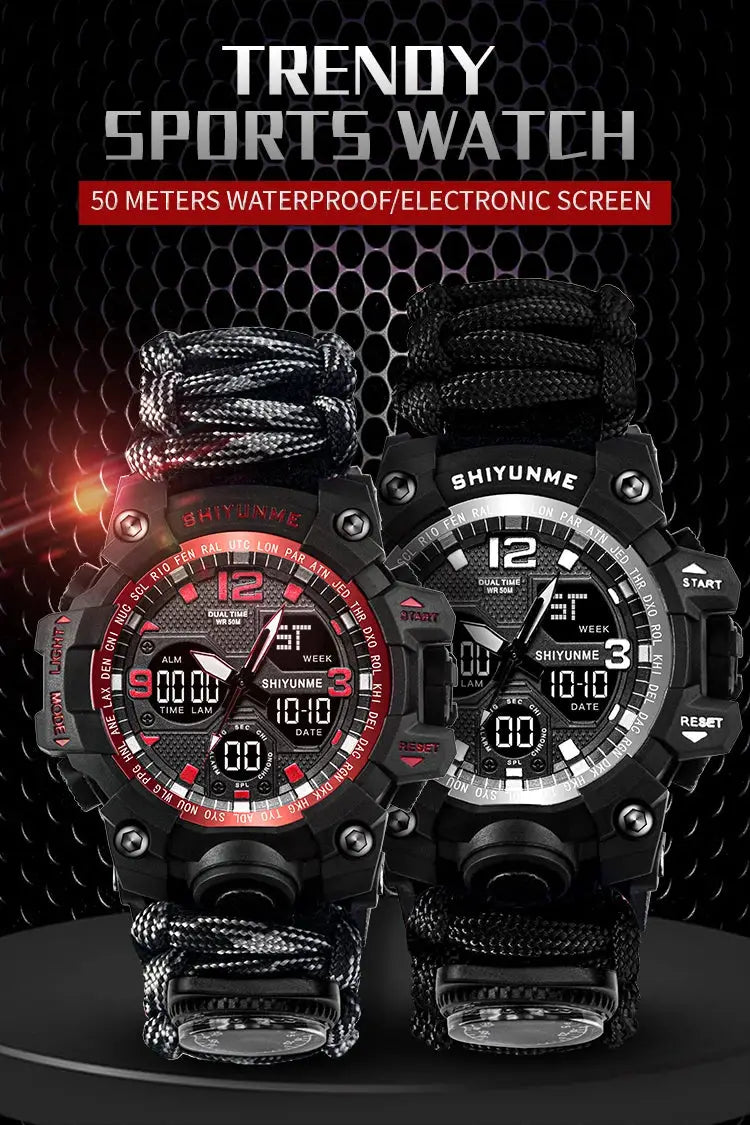 Two SHIYUNME military sport digital watches with black paracord straps, rugged waterproof design