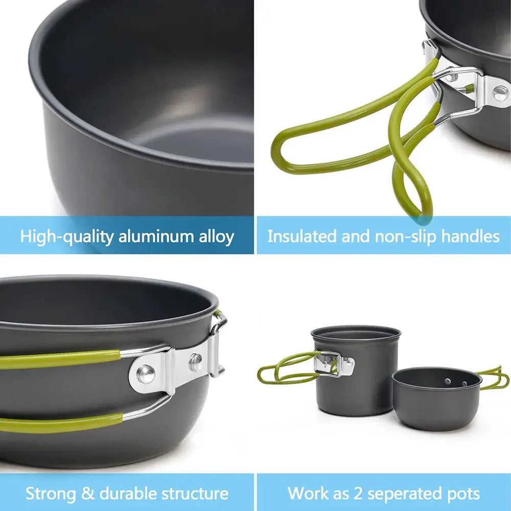 Camping cookware mess kit by Simples Market: ultralight gray aluminum pots with insulated green handles (2 pots)