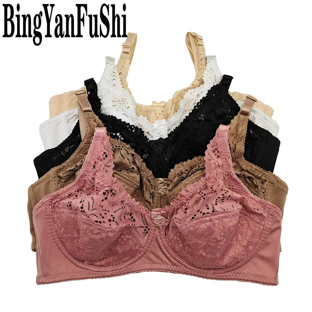 Lace bralette set with floral full-cup design, five-color assortment (pink, beige, brown, white, black) from BingYanFuShi