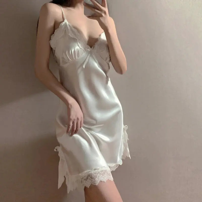 LaceLux Sexy Lace V Neck Nightdress Satin Sleepwear Knee Length Sleeveless With Lace Detail