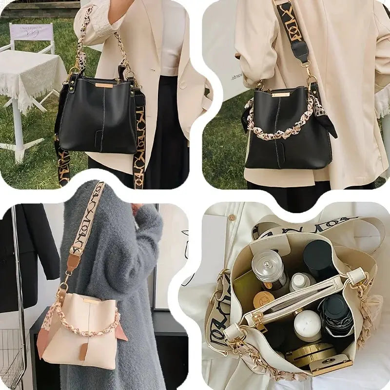 Shoulder bucket bag Simples Market; two-tone black and blush pink with ribbon chain strap, large-capacity crossbody.