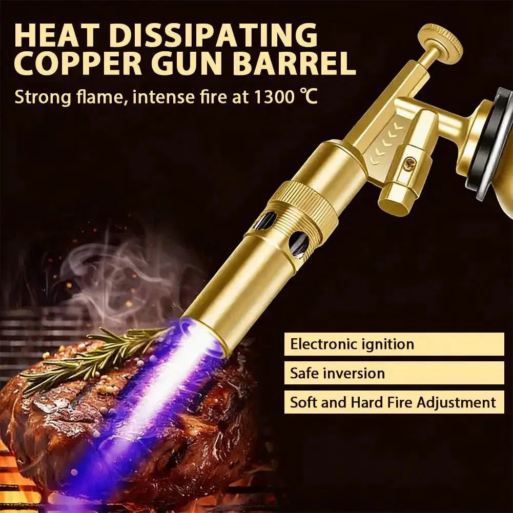Outdoor butane welding torch with gold body and purple flame