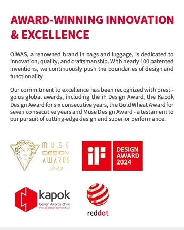 OIWAS bag award badges graphic featuring Muse Design Awards, iF Design Award 2024, Kapok Design Awards, and Red Dot logos.