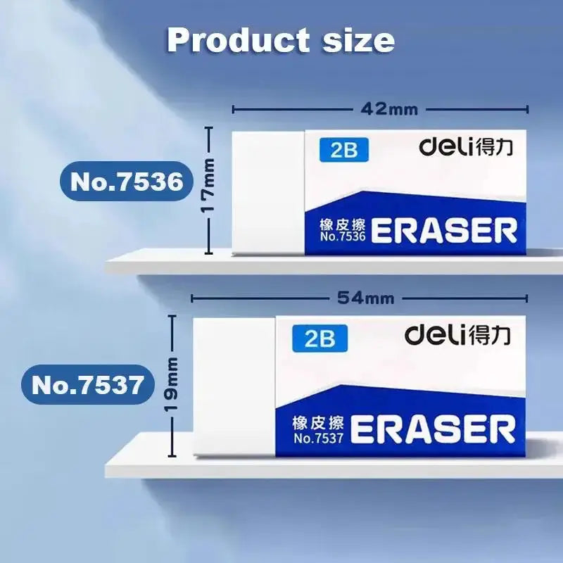 Two Deli 2B erasers No.7536 and No.7537 in white with blue packaging for school use
