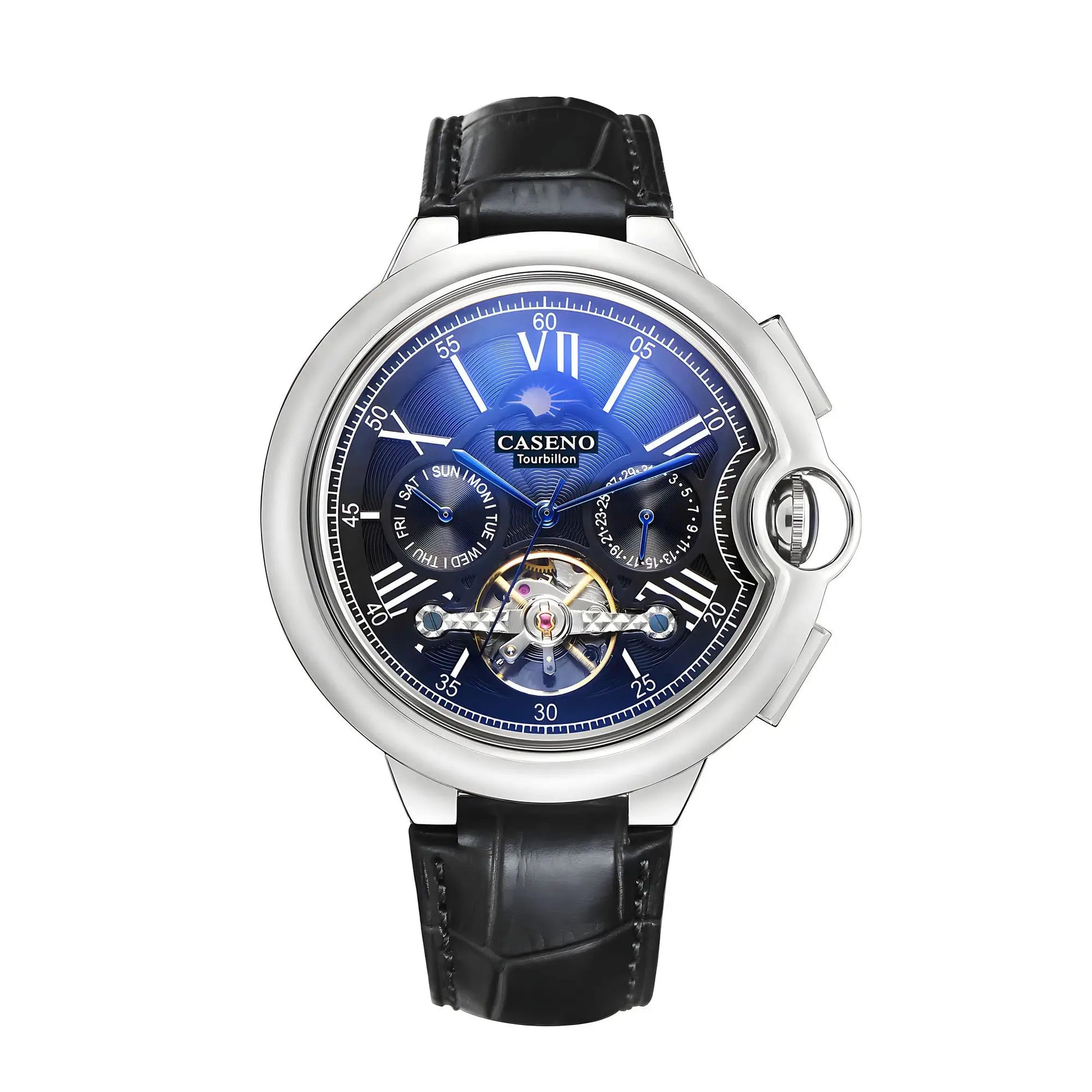 Caseno Star Roman Grand men's tourbillon automatic watch with blue dial and black leather strap