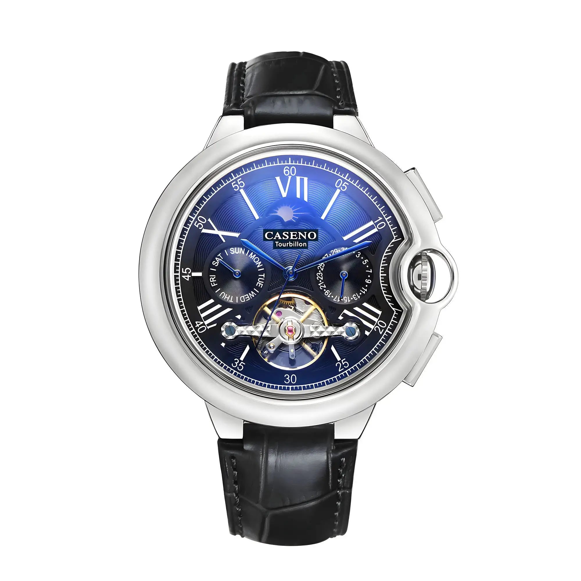 Caseno Star Roman Grand men's tourbillon automatic watch with blue dial and black leather strap