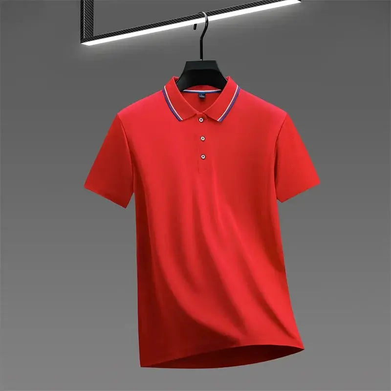 Men's red polo shirt by Simples Market, short sleeves with blue and white striped collar.