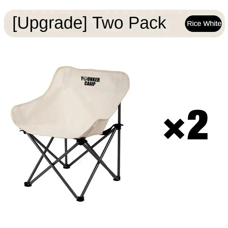 Moon chairs, beige fabric folding design with metal frames, two-pack for outdoor camping.