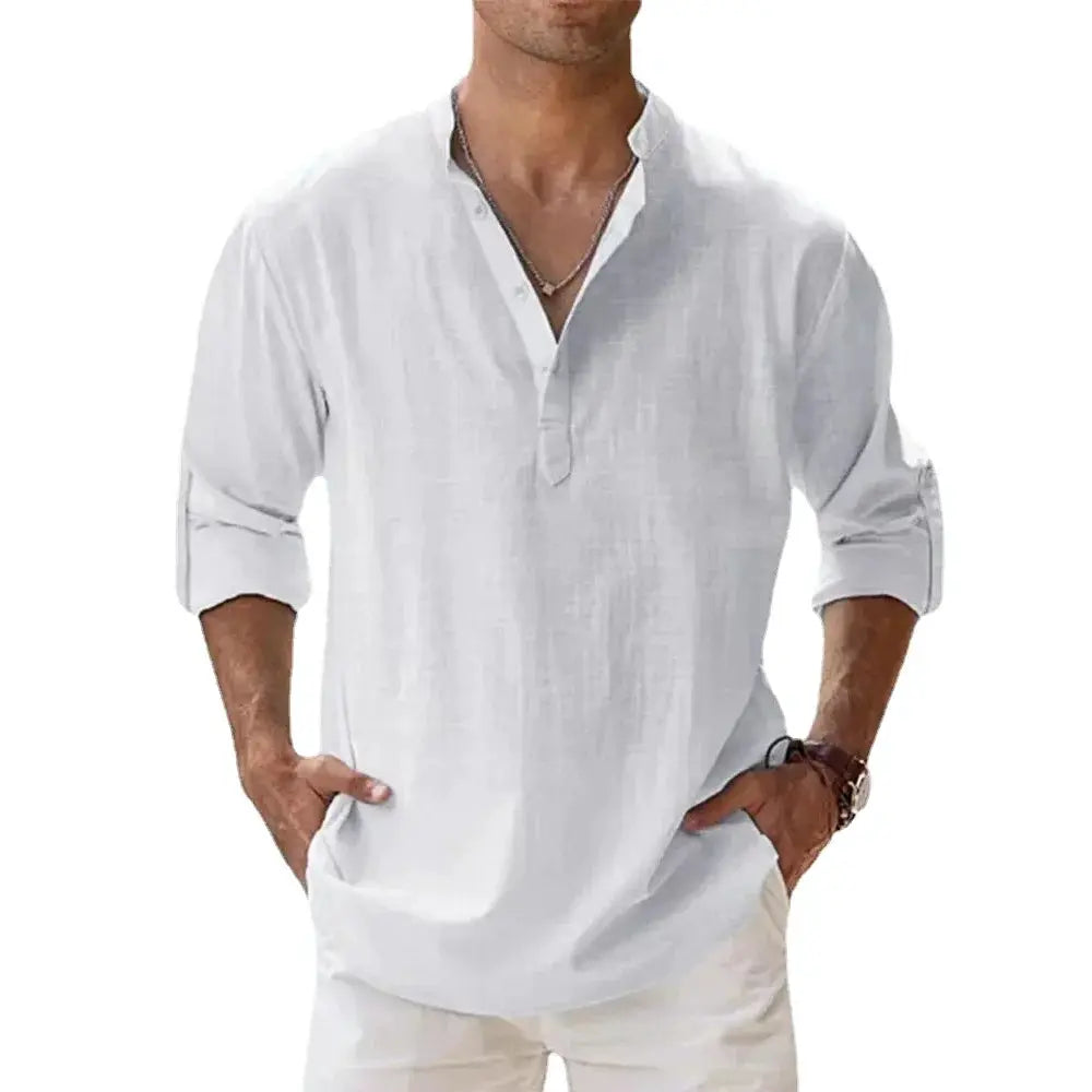 Men's Cotton Linen Blend Short Sleeve Henley Shirt For Summer Casual Beach Vacation