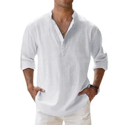 Men's Cotton Linen Blend Short Sleeve Henley Shirt For Summer Casual Beach Vacation