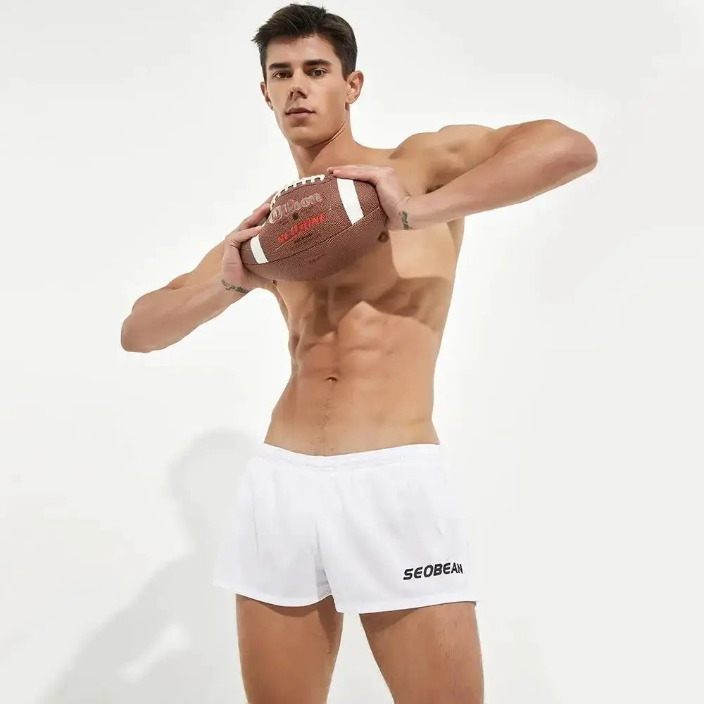 SEOBEAN men's quick-drying white loose-fit shorts, breathable gym and beachwear.
