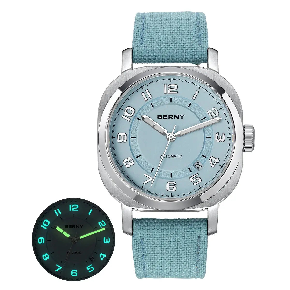 BERNY women's automatic wristwatch with light blue dial and fabric strap, luminous in the dark